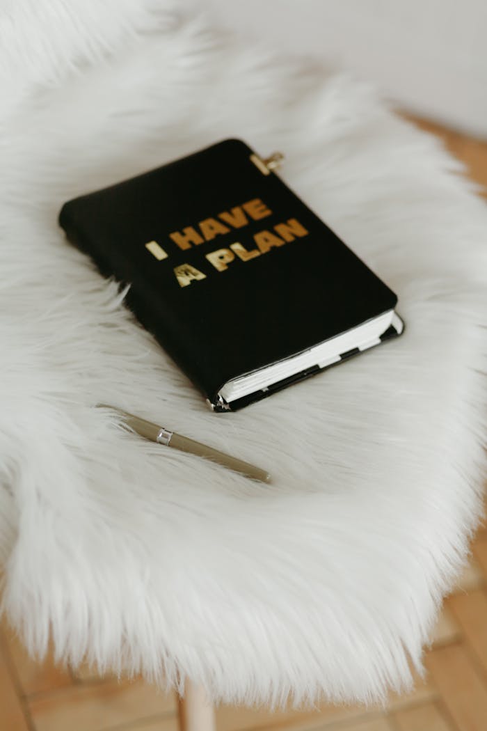 services-01 Stylish home office setup featuring a notebook with 'I HAVE A PLAN' text and a pen on a fluffy white chair.