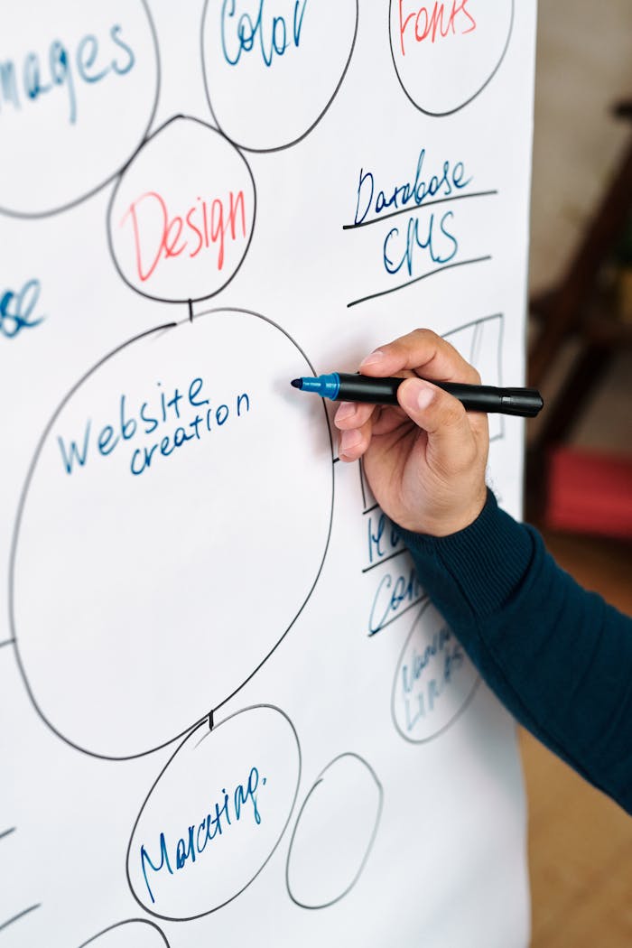 gallery-02 Person writing website creation mindmap on whiteboard for business brainstorming.